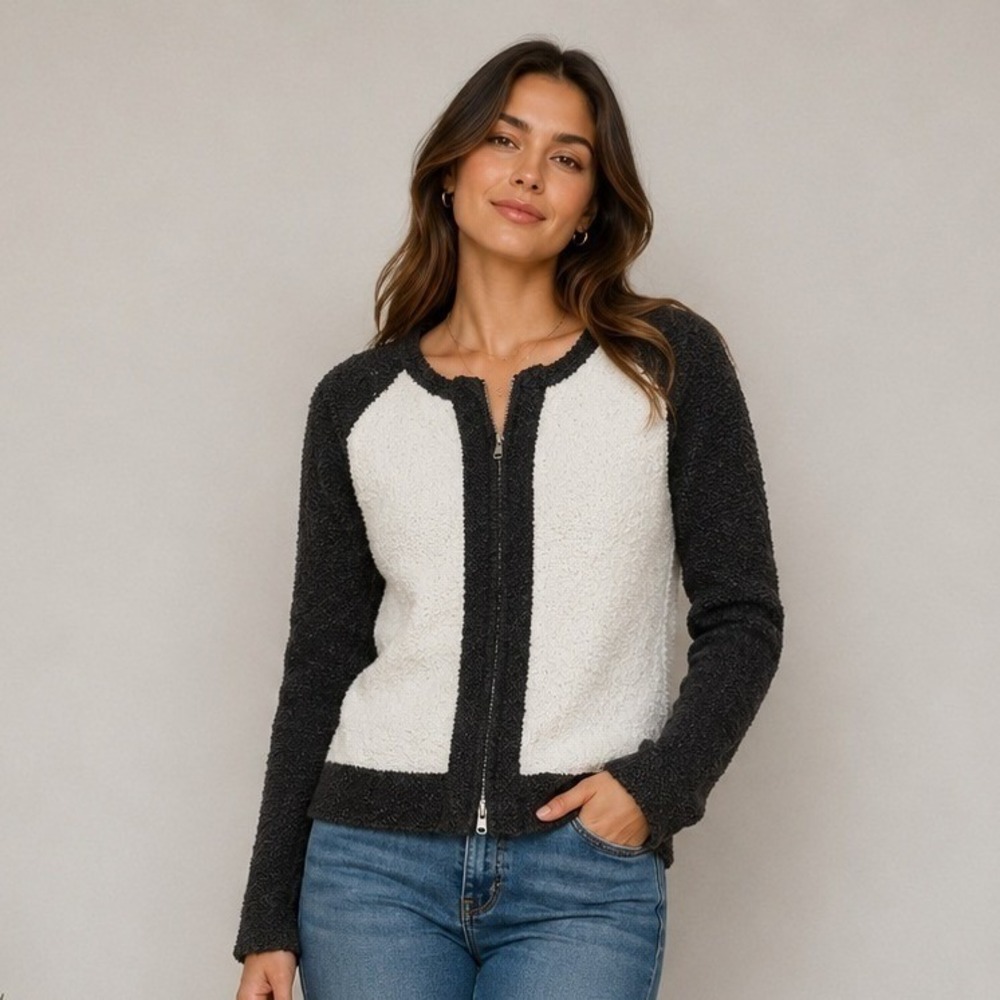 J Crew Jacket Women Small Black White Colorblock Zip Boucle Old Money Minimalist